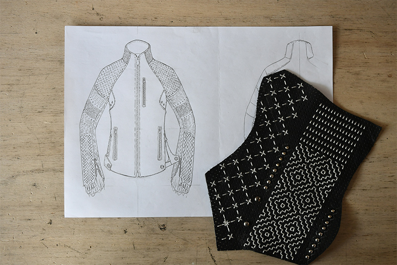 石橋 善彦さんの作品 パンチングレザー 刺し子ライダースの設計図と素材の画像